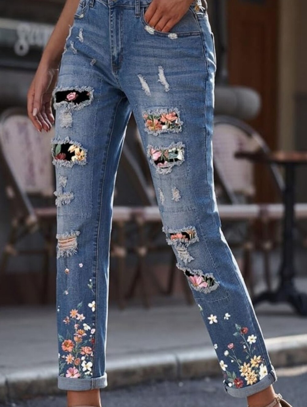 Distressed Skinny Jeans with Floral Patch Detailing